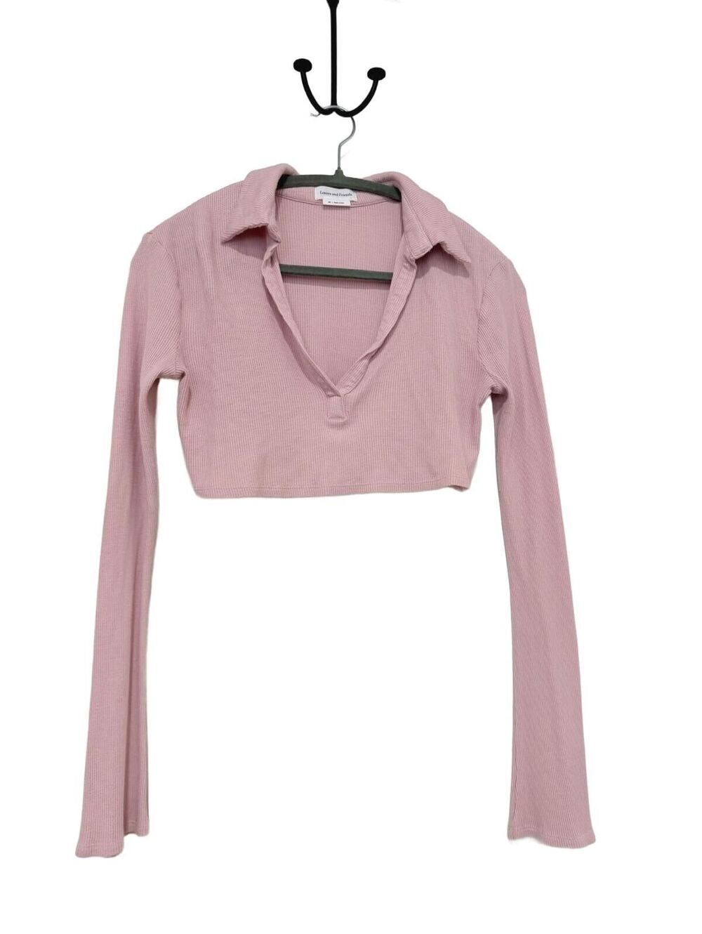 Lovers and Friends XXS Pink Ribbed Cropped Collared Long Sleeve Top